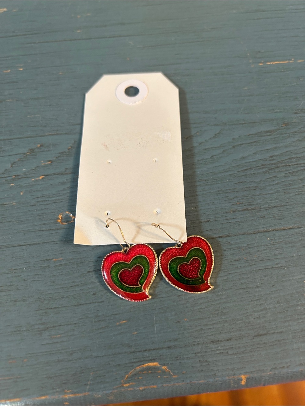 Vintage Hand Crafted Red and Green Heart Dangle Earrings - Cloisonné